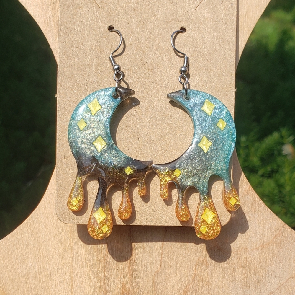 Dripping Moon Earrings/ Cresent/ Resin/ Handmade/ Stainless Steel Hooks 🌙 - Picture 2 of 4